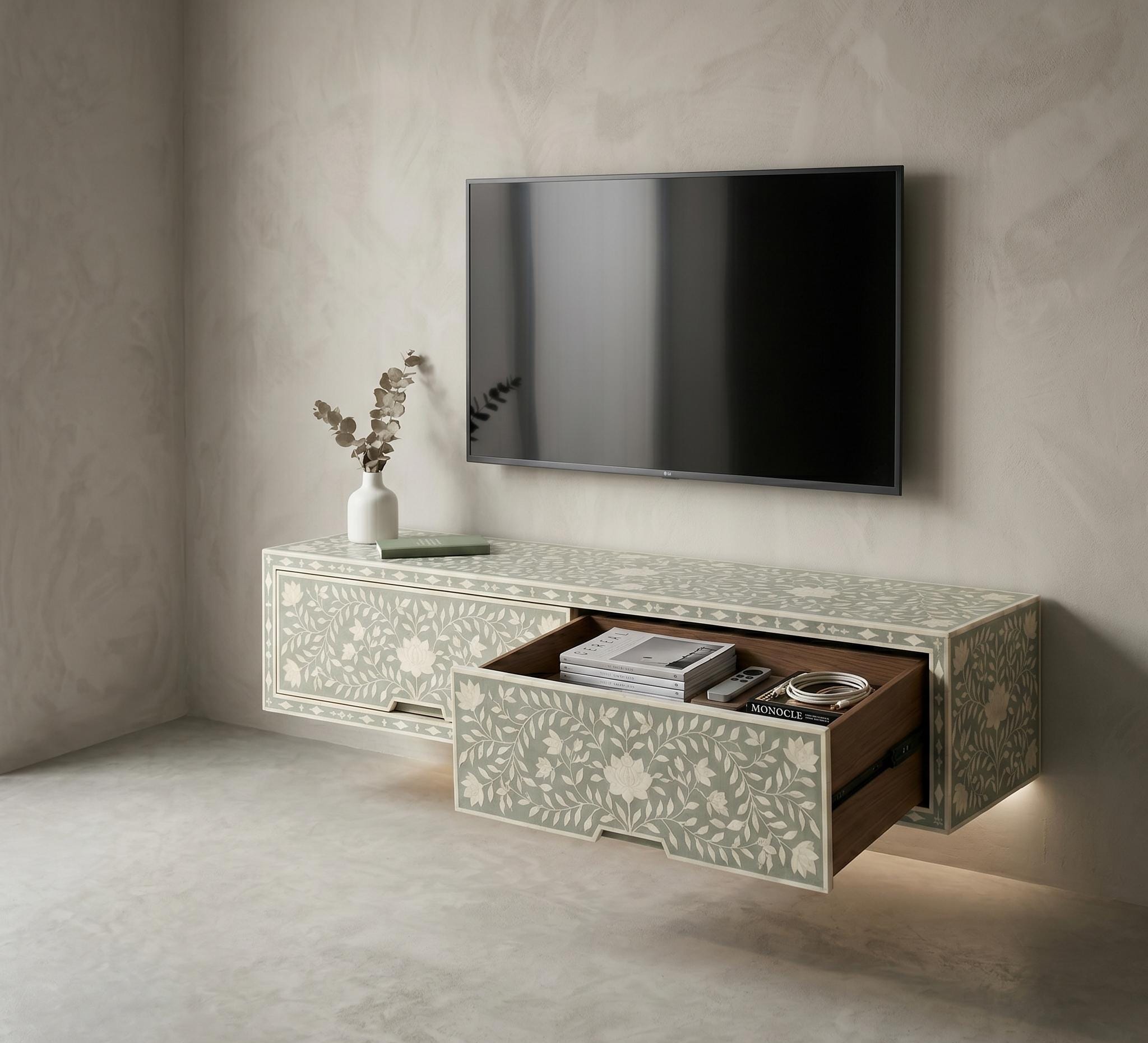 Bone inlay Sage Green Floating Console Table Floral Wall Mounted Cabinet