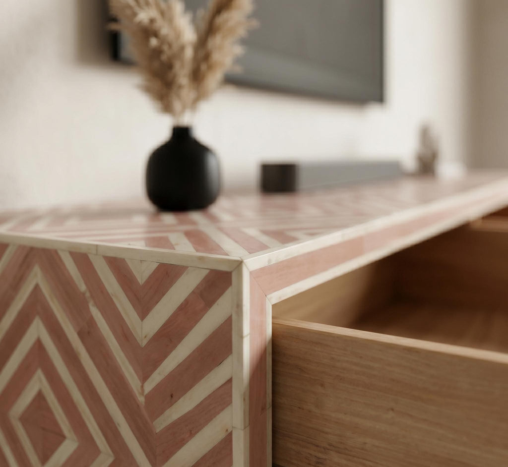 Blush Pink Floating TV Console Abstract Bone Inlay Wall Mounted Cabinet handmade