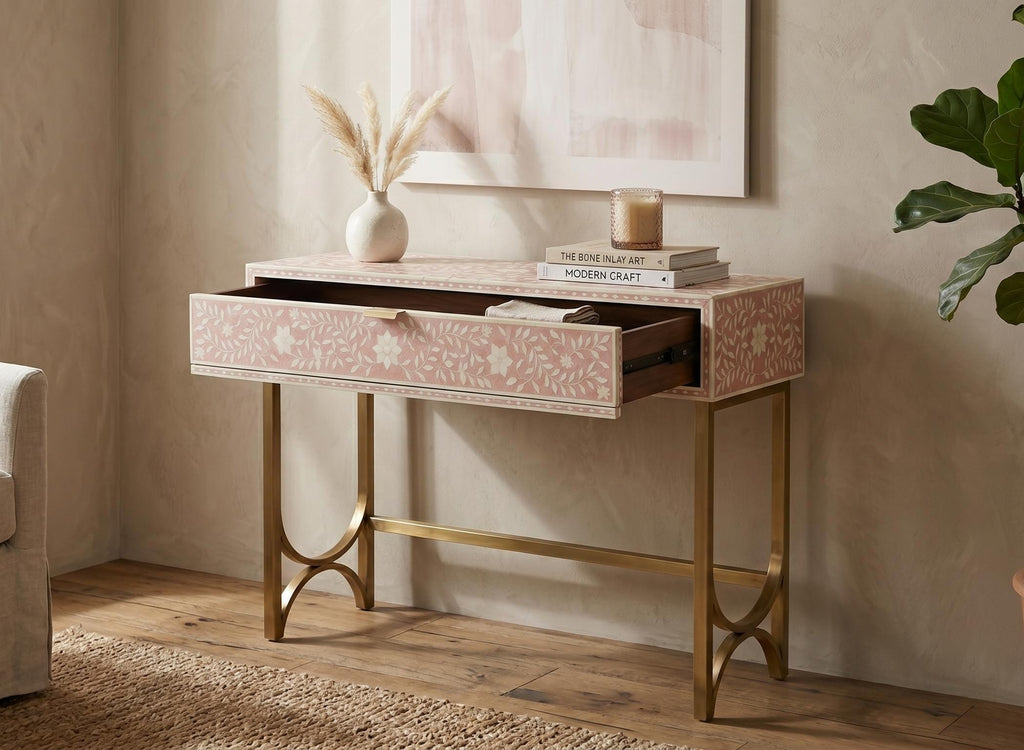 Pink Floral Console Table One Drawer Bone Inlay Entryway Table