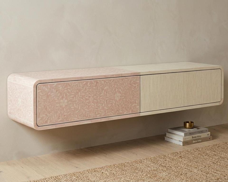 bone inlay Floating Media Console Dual Tone Wall Mounted TV Cabinet