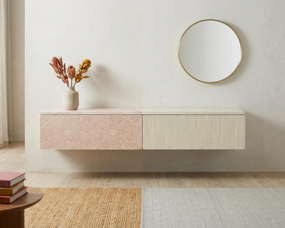 bone inlay Floating Media Console Dual Tone Wall Mounted TV Cabinet