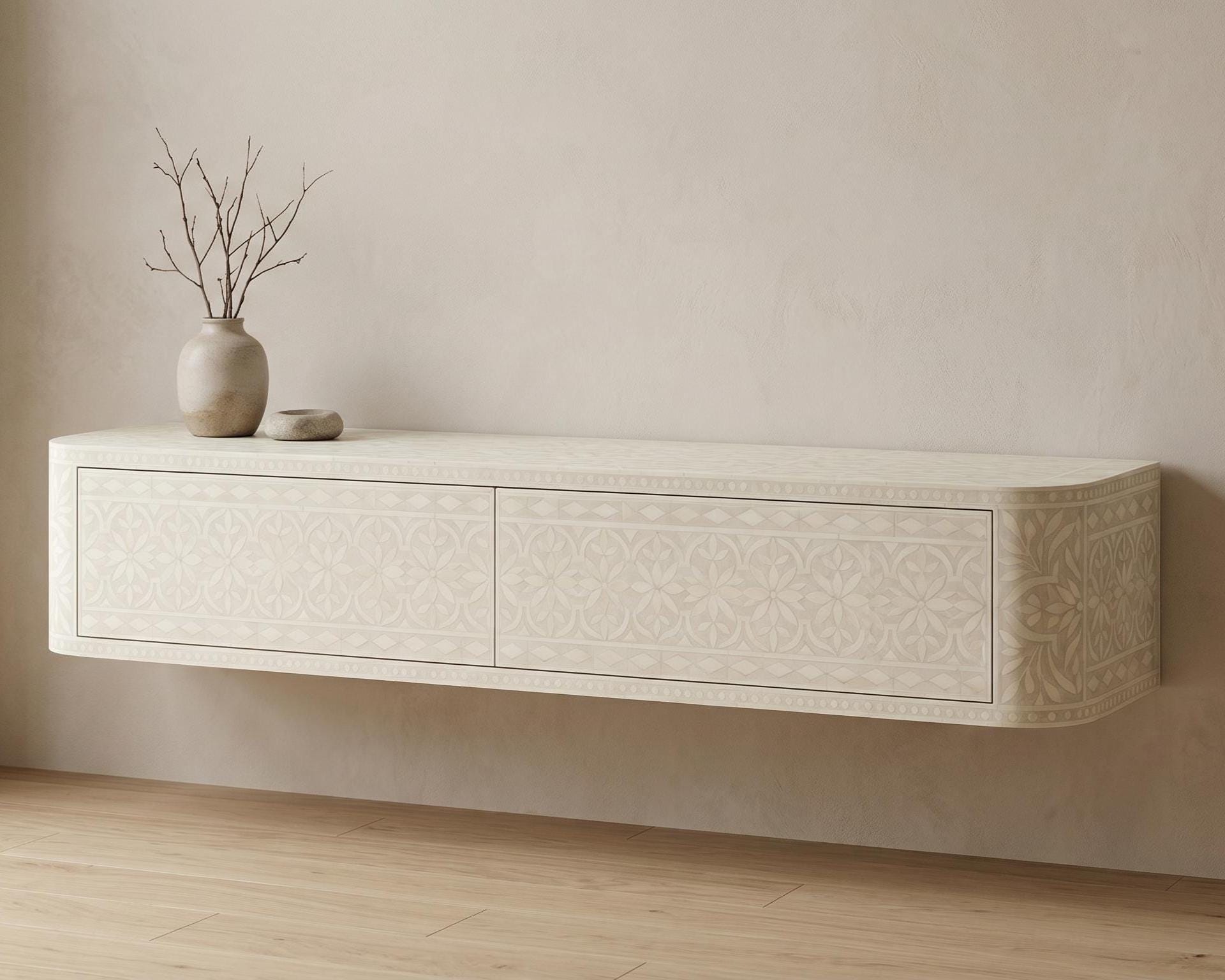 Bone inlay Off White Floating Media Console Wall Mounted TV Cabinet