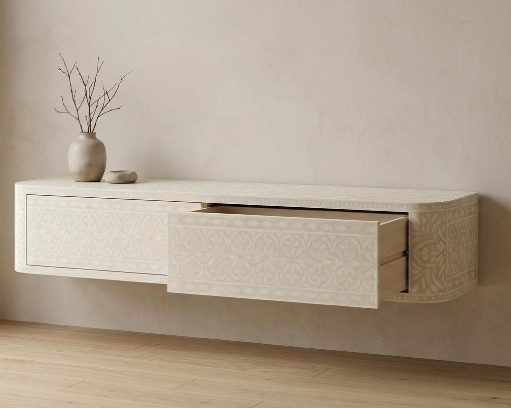 Bone inlay Off White Floating Media Console Wall Mounted TV Cabinet