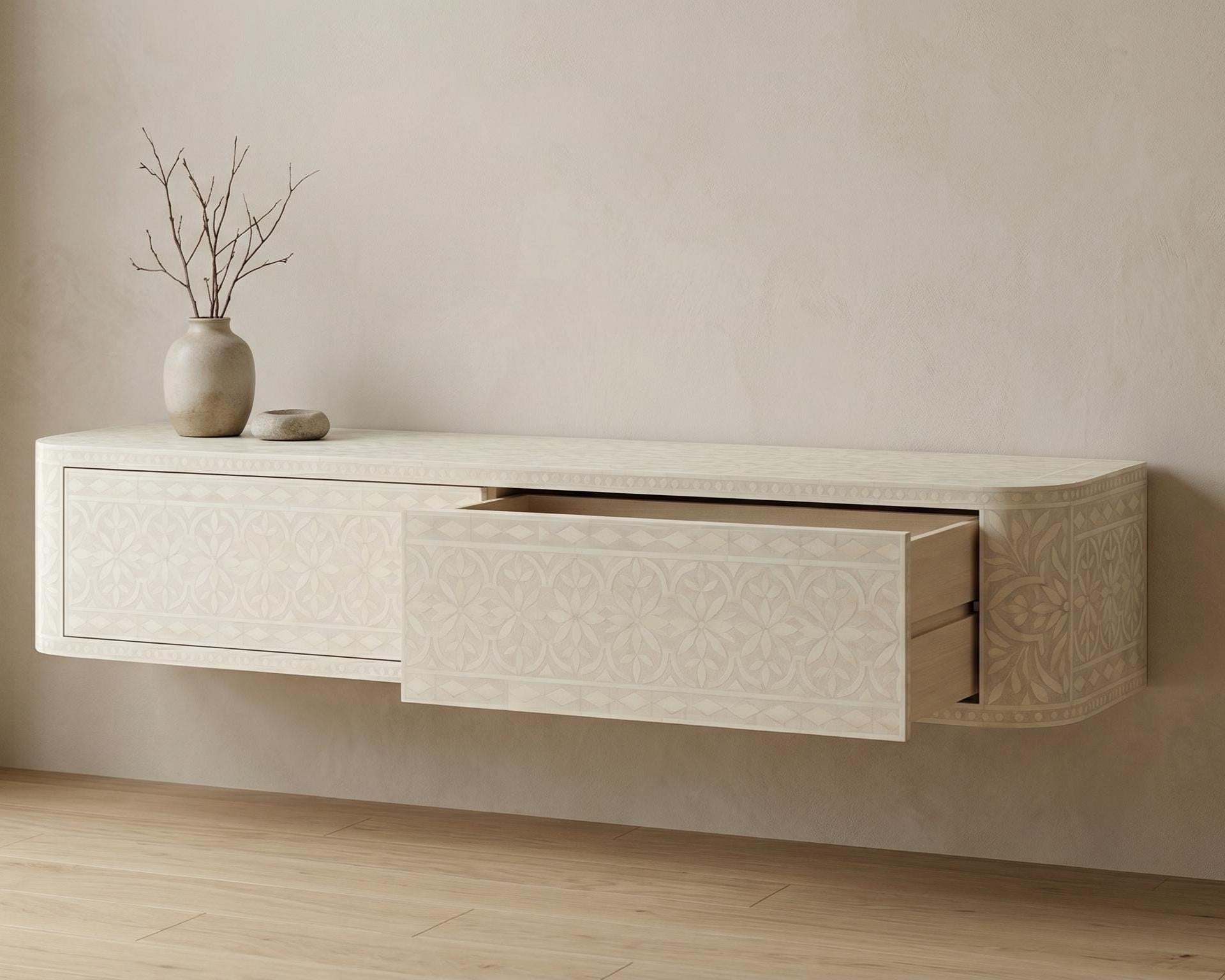 Bone inlay Off White Floating Media Console Wall Mounted TV Cabinet