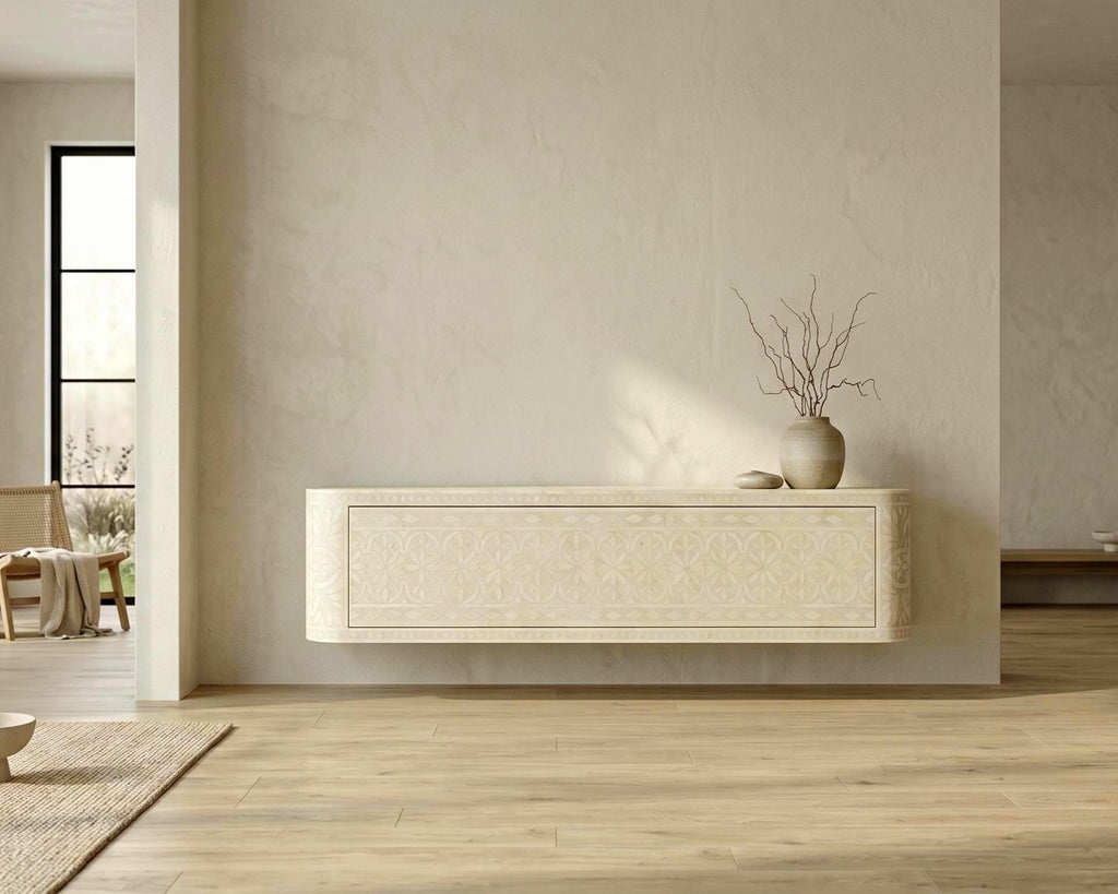 Bone inlay Off White Floating Media Console Wall Mounted TV Cabinet
