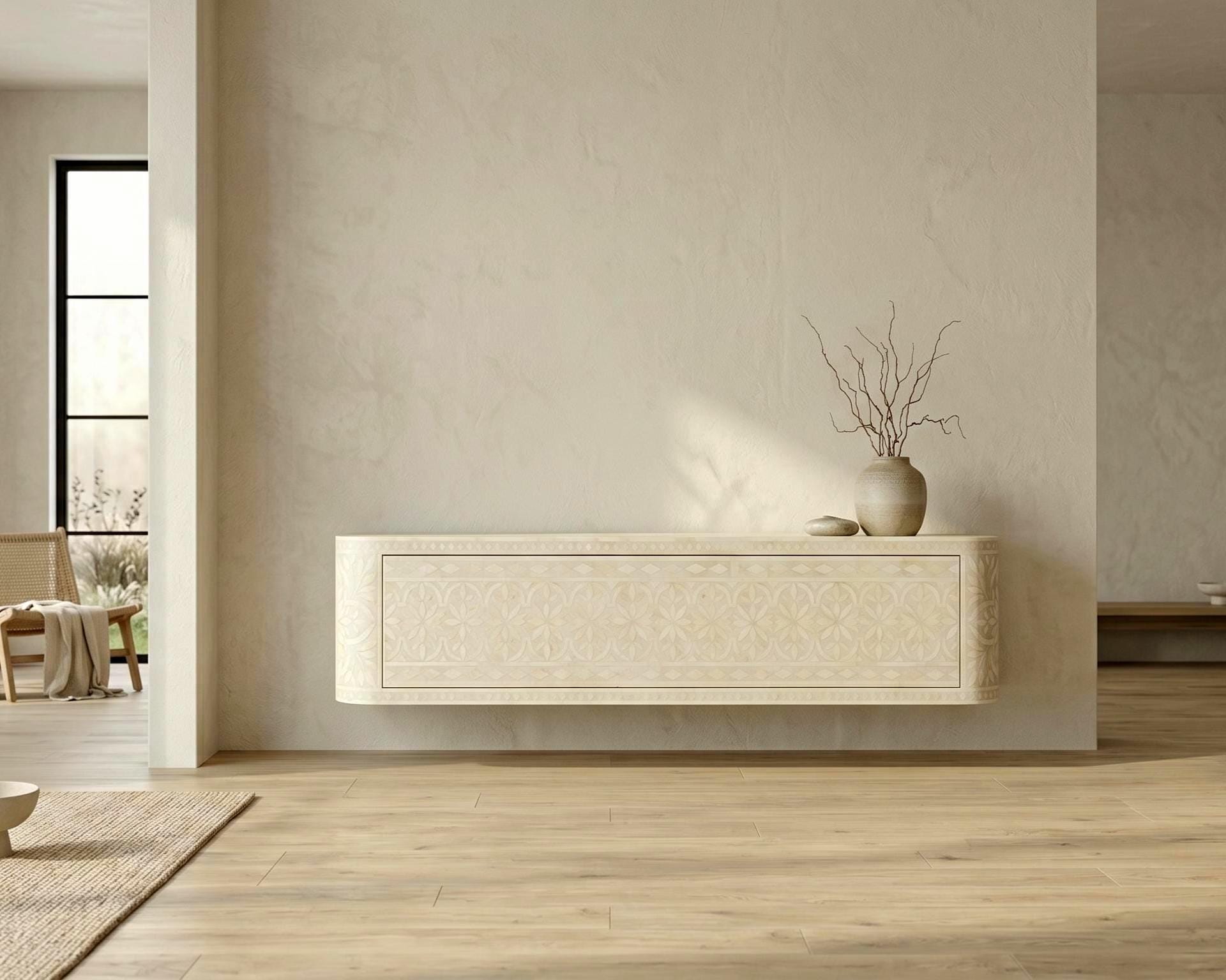 Bone inlay Off White Floating Media Console Wall Mounted TV Cabinet