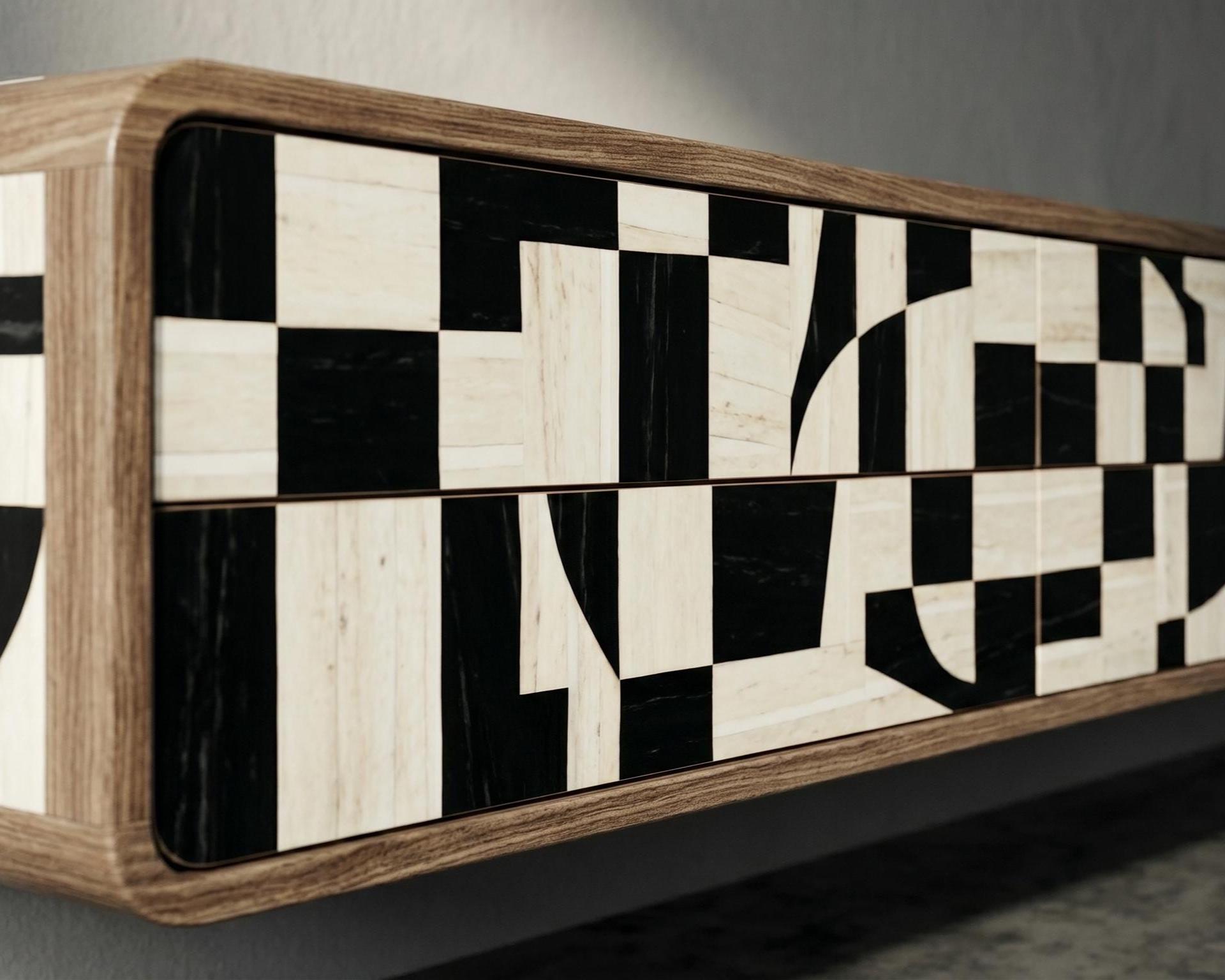Black Ivory Floating Media Console Bone Inlay Geometric Wall Mounted TV Cabinet
