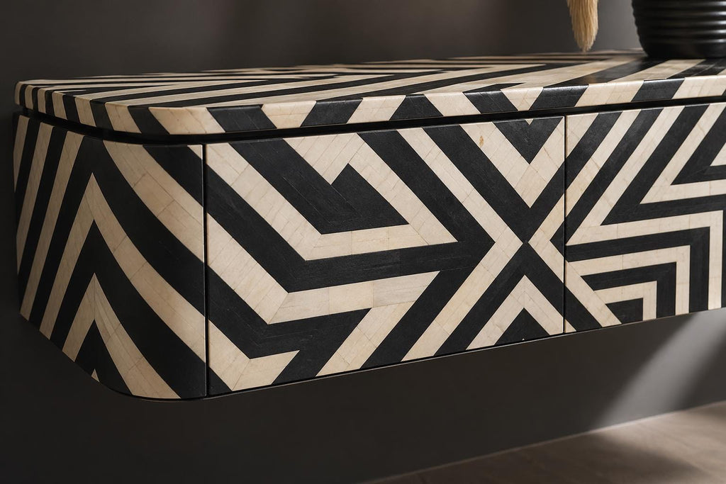 Bone Inlay handcrafted Floating Wall Mounted Media Console, Handmade Luxury Cabinet