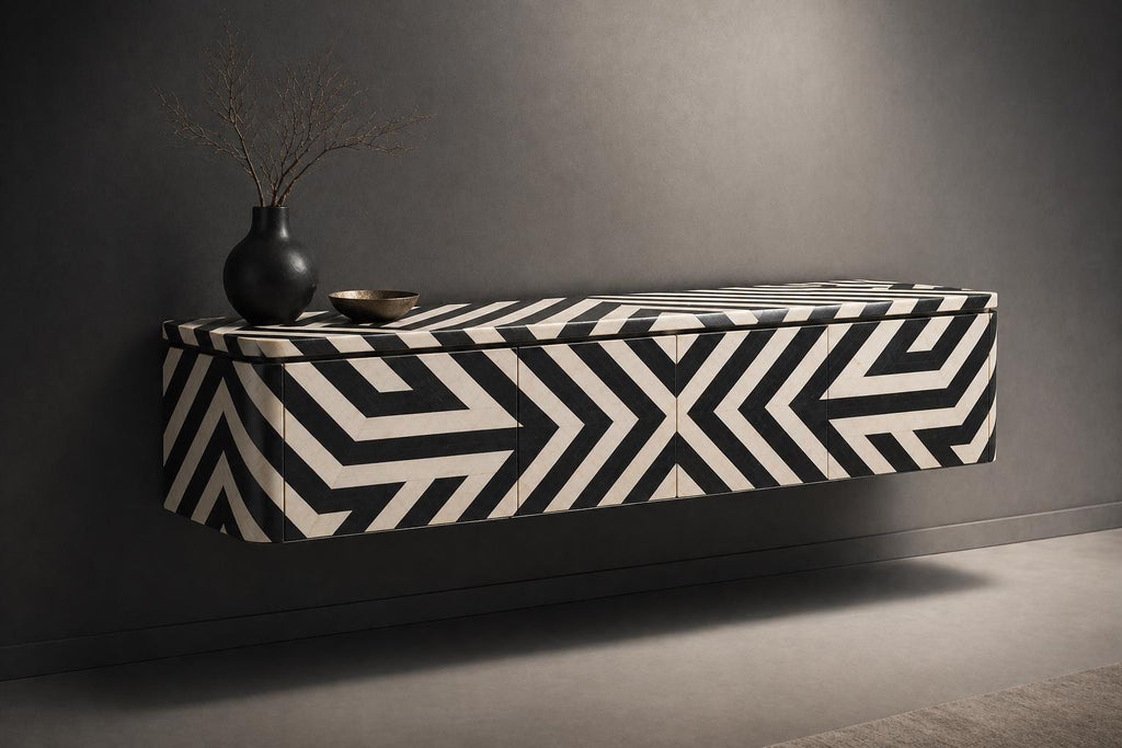 Bone Inlay handcrafted Floating Wall Mounted Media Console, Handmade Luxury Cabinet