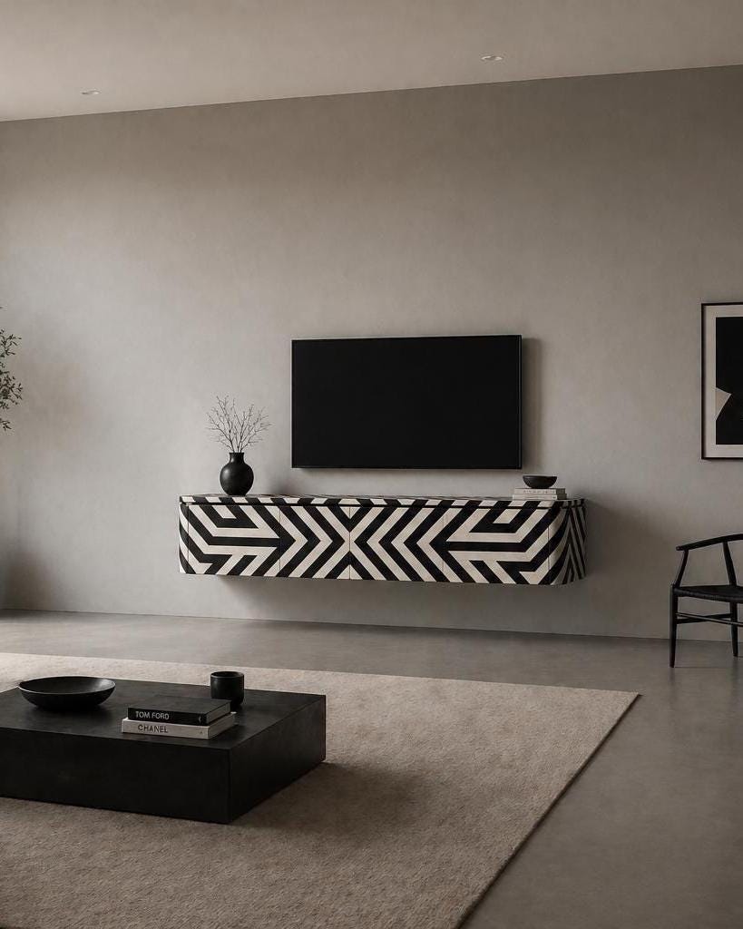 Bone Inlay handcrafted Floating Wall Mounted Media Console, Handmade Luxury Cabinet