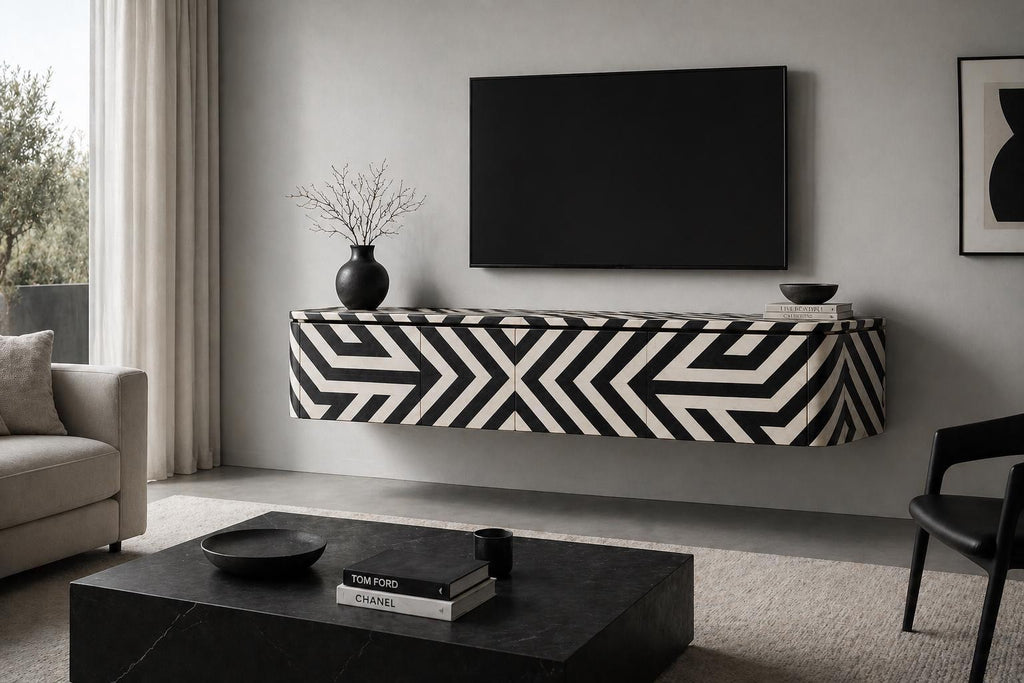 Bone Inlay handcrafted Floating Wall Mounted Media Console, Handmade Luxury Cabinet
