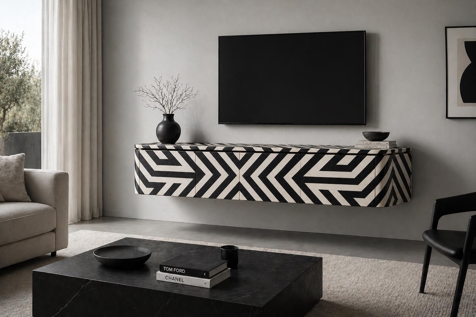 Bone Inlay handcrafted Floating Wall Mounted Media Console, Handmade Luxury Cabinet