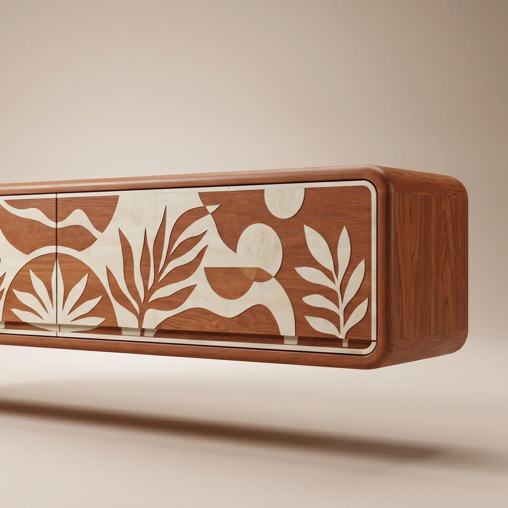 Terracotta Floating Media Console Bone Inlay Wall Mounted TV Cabinet