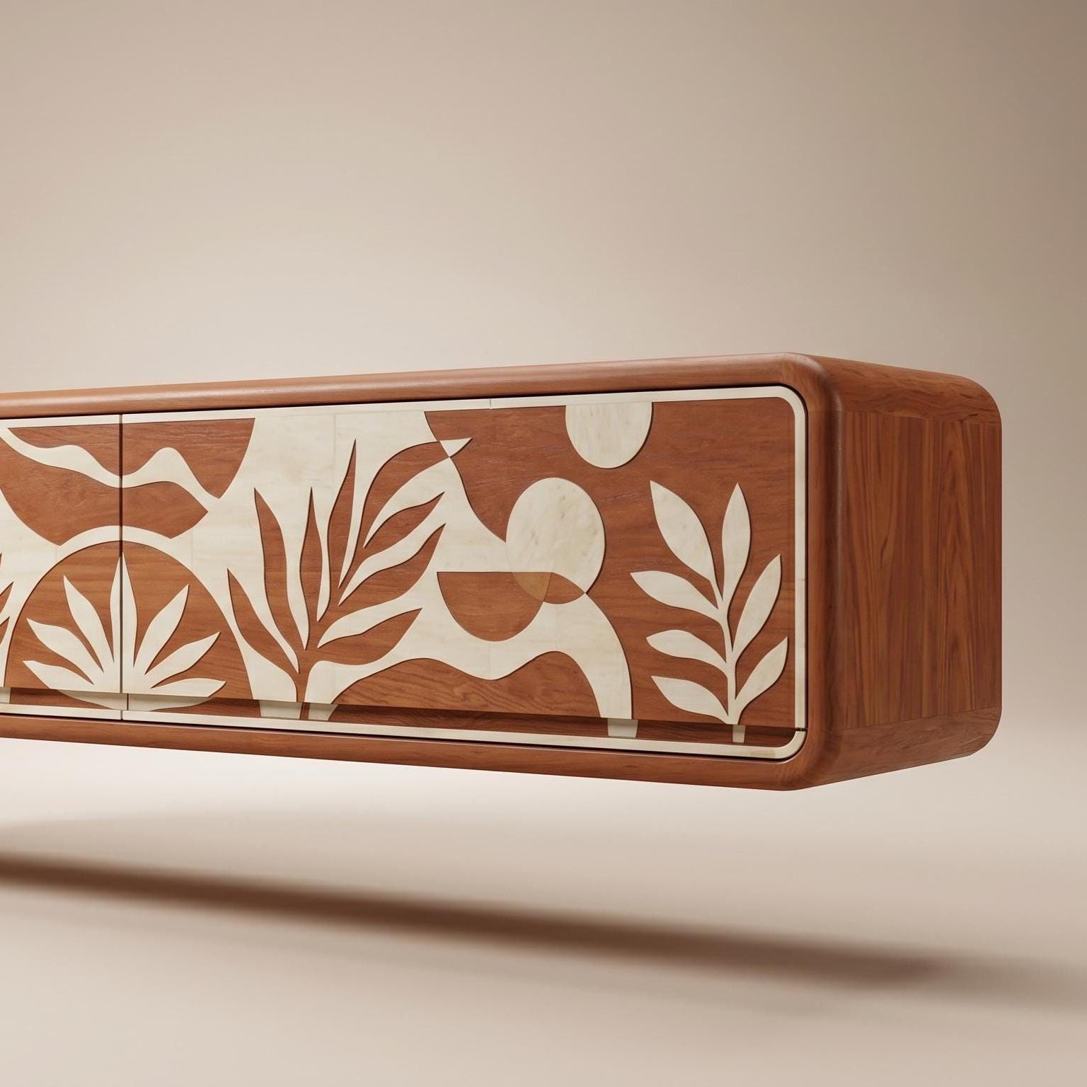 Terracotta Floating Media Console Bone Inlay Wall Mounted TV Cabinet