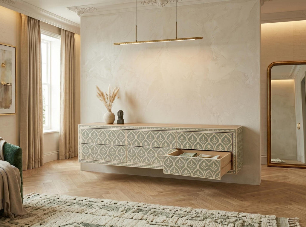 handcrafted Sage Green Floating Console Bone Inlay Wall Mounted Entryway Cabinet