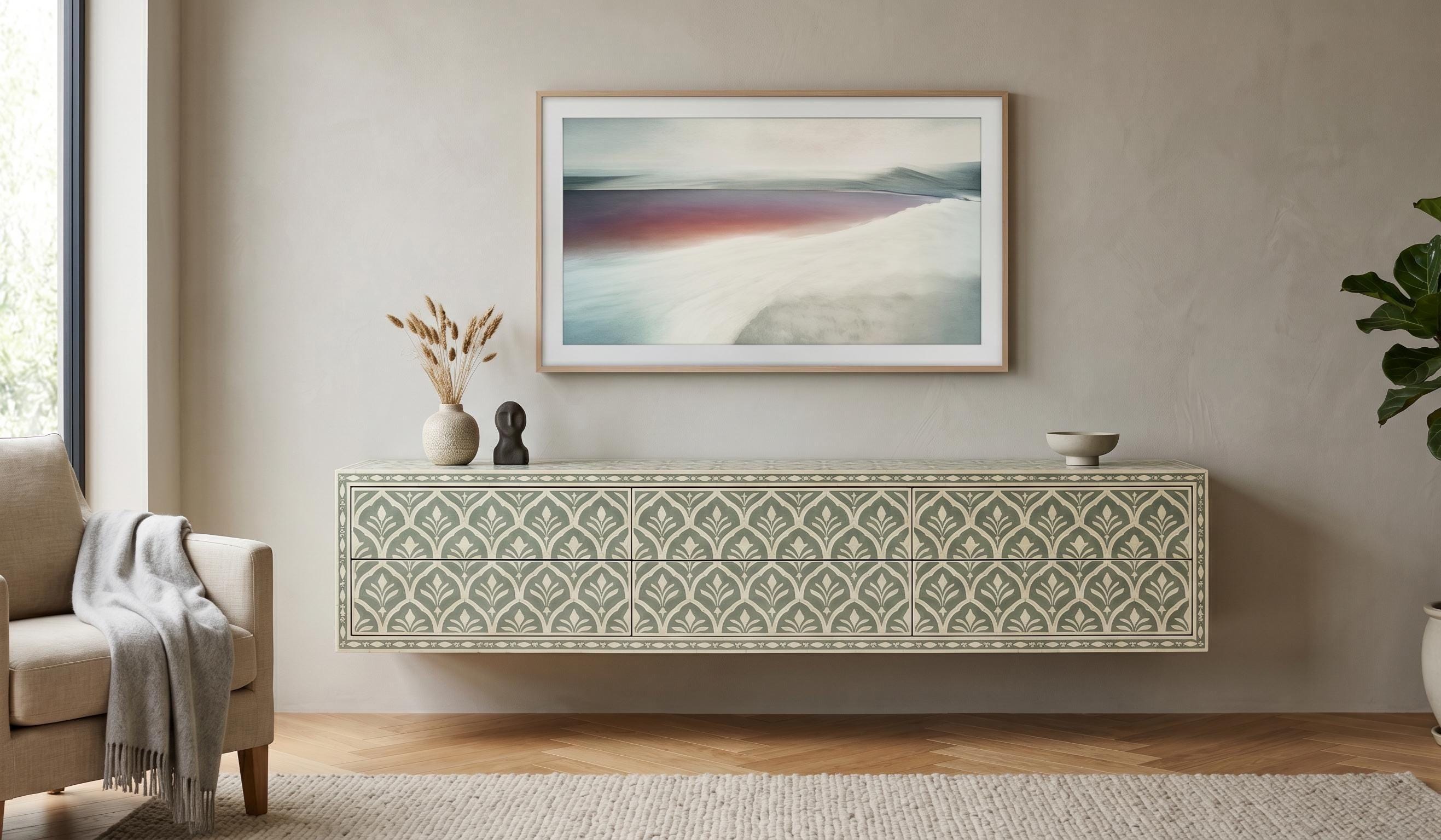 handcrafted Sage Green Floating Console Bone Inlay Wall Mounted Entryway Cabinet