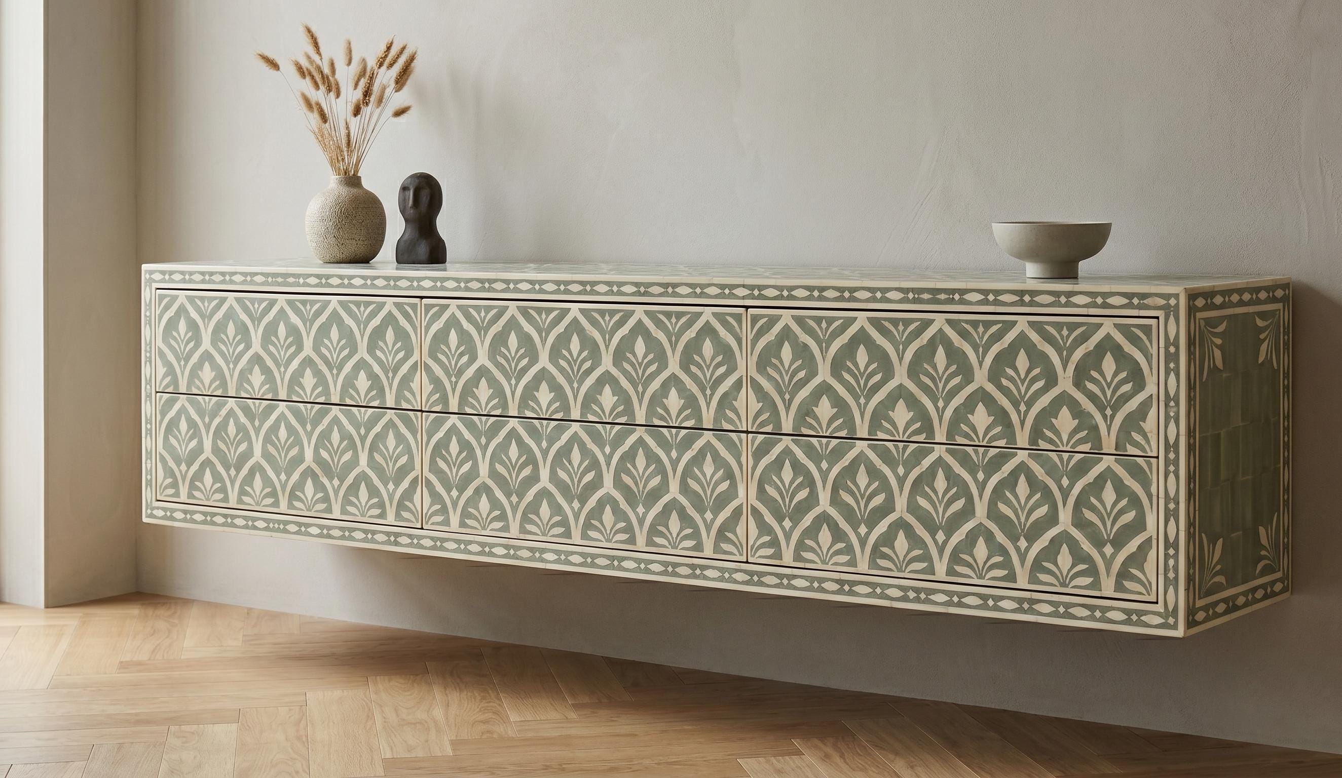 handcrafted Sage Green Floating Console Bone Inlay Wall Mounted Entryway Cabinet