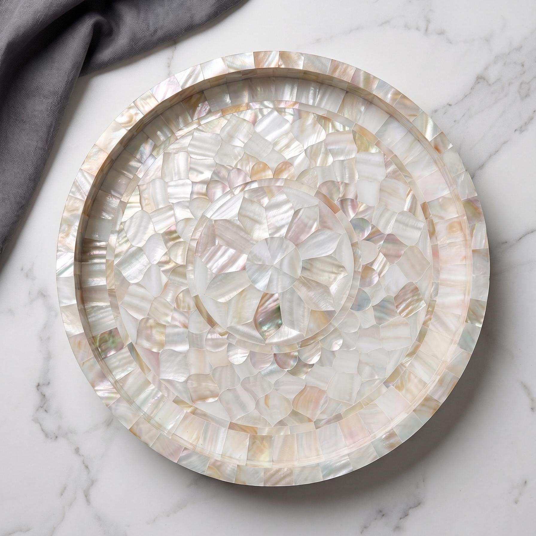 Mother of Pearl Inlay Round Tray Handmade Decorative Serving Tray