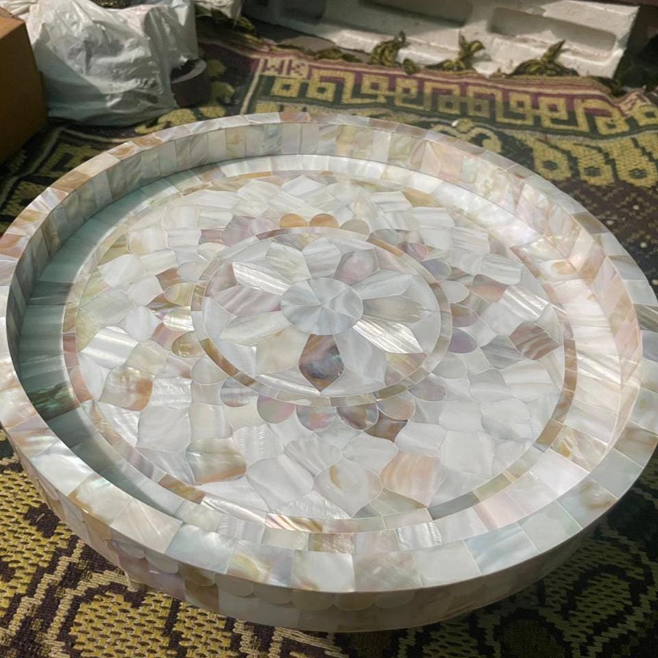 Mother of Pearl Inlay Round Tray Handmade Decorative Serving Tray