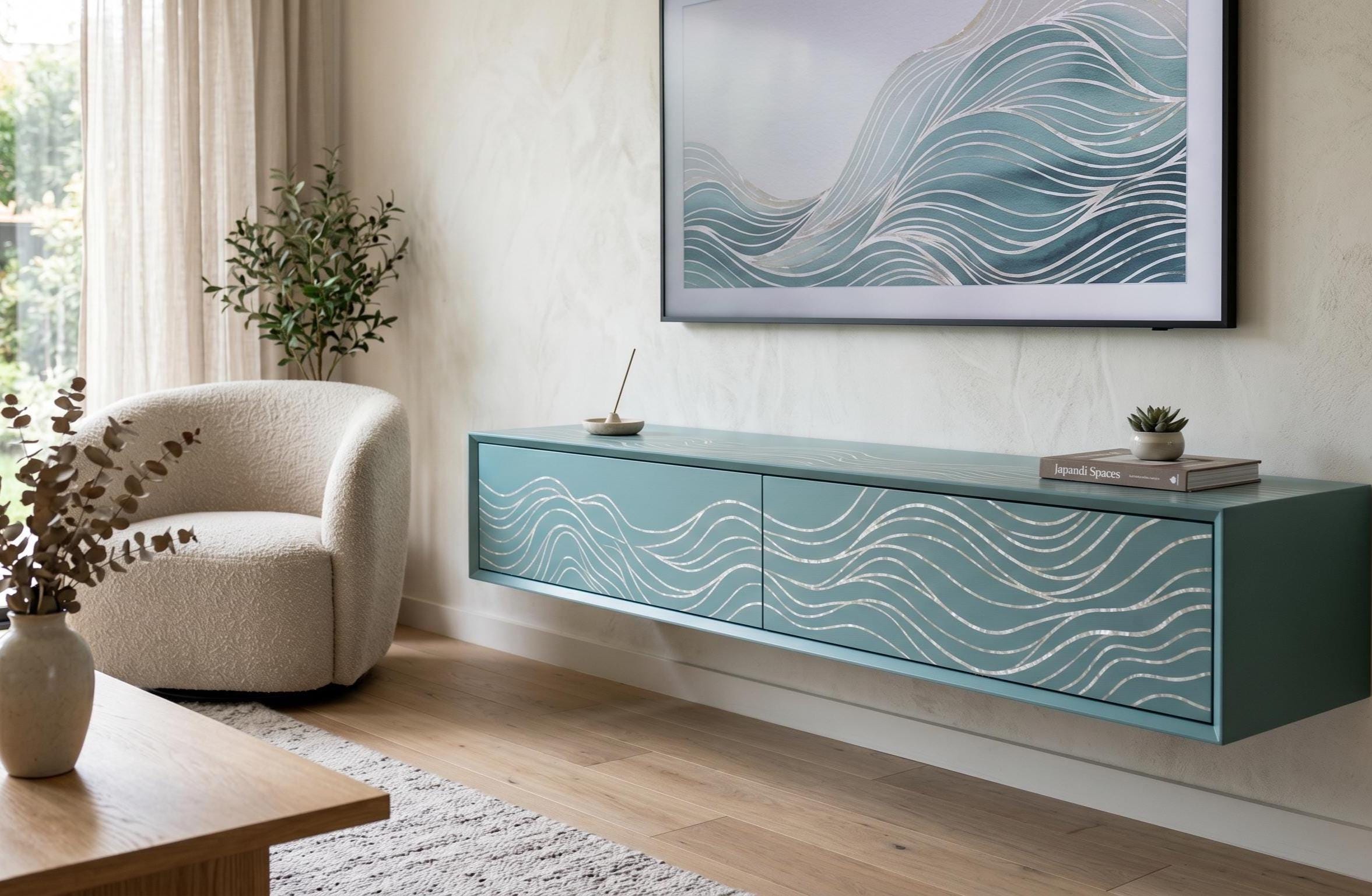 handcrafted mother of pearl inlay Floating Wall Mounted Media Console
