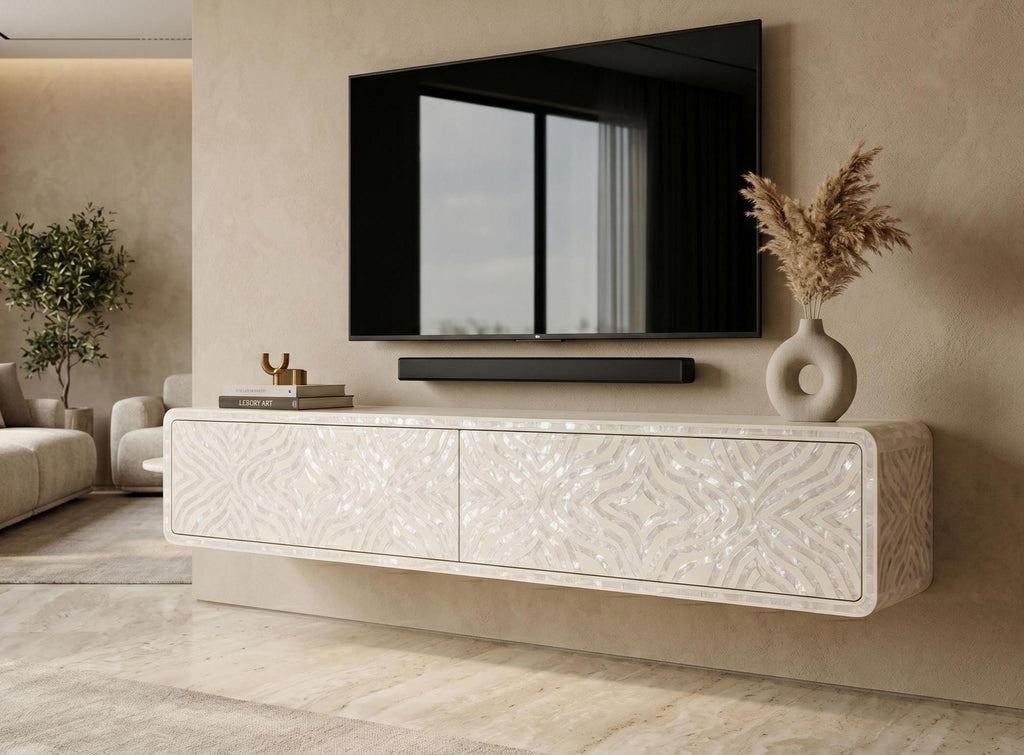 pearl inlay Floating Media Console Geometric Wall Mounted TV Unit handmade