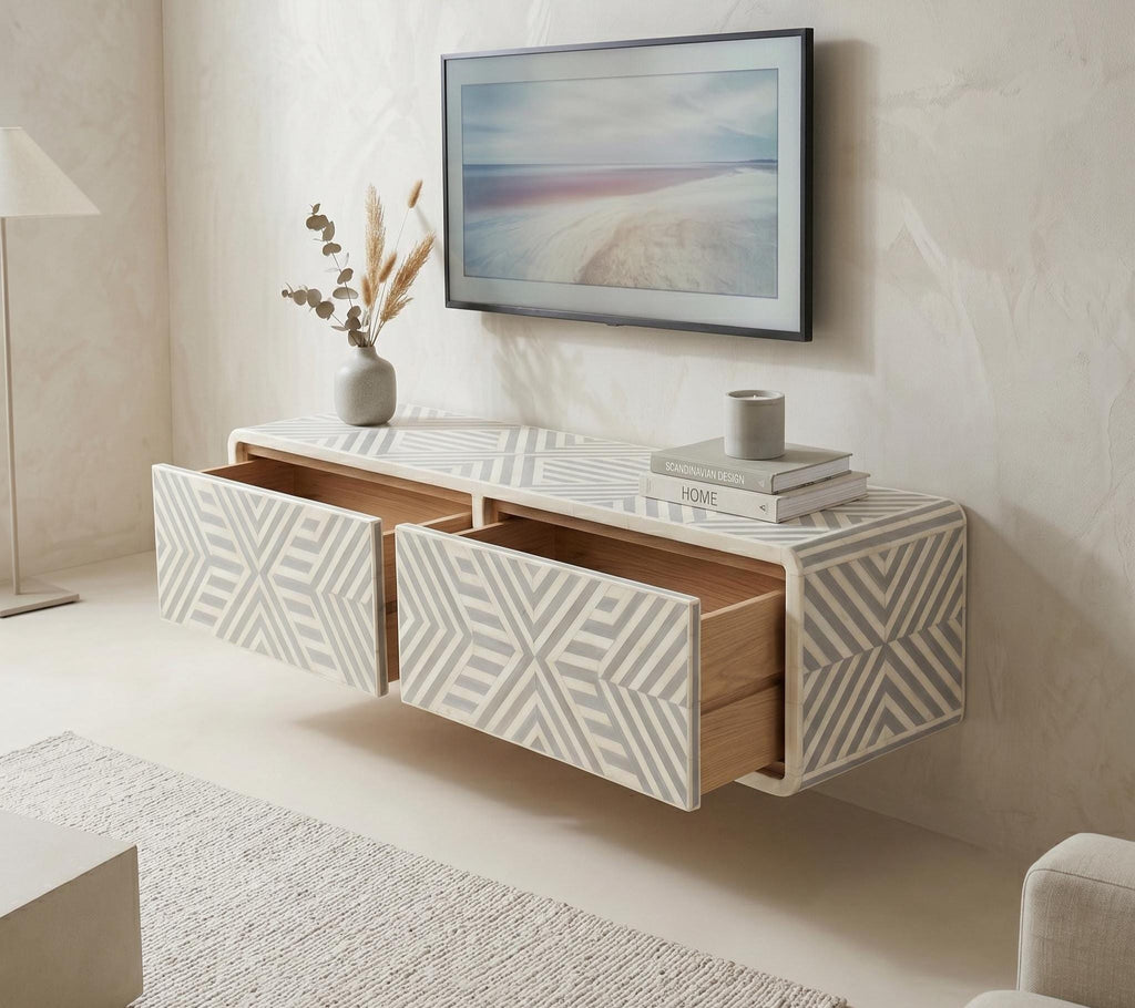 Floating Media Console Bone Inlay Wall Mounted TV Cabinet Storage