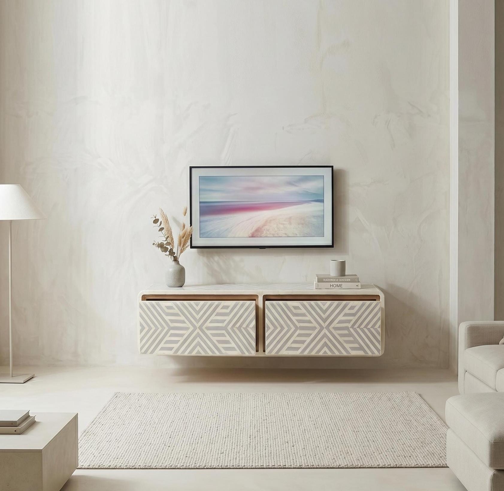 Floating Media Console Bone Inlay Wall Mounted TV Cabinet Storage