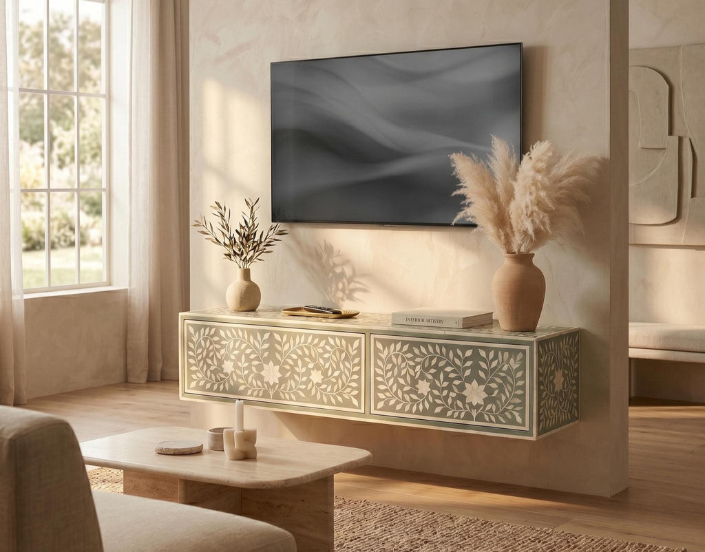 Bone inlay Sage Green Floating Console Table Floral Wall Mounted Cabinet