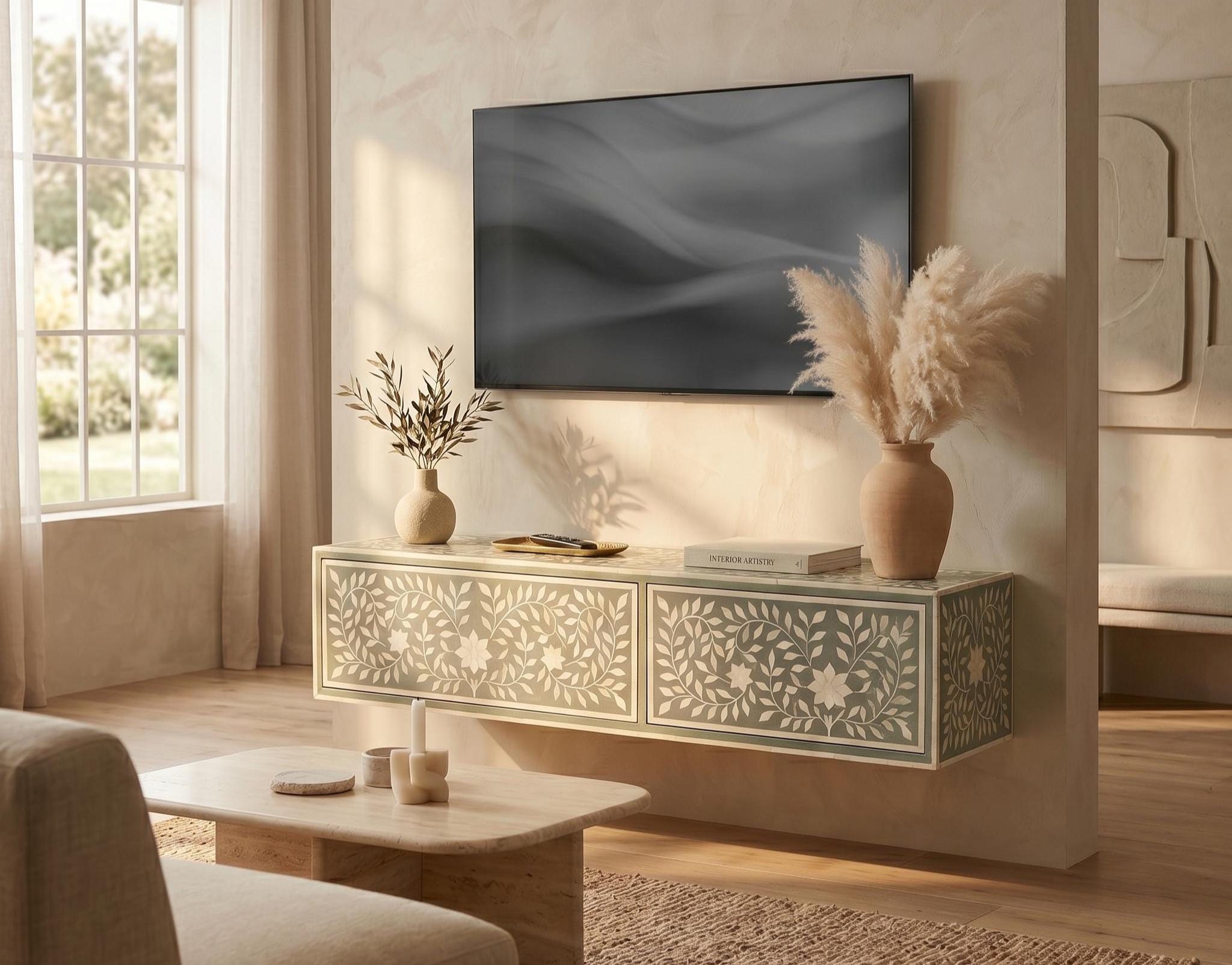 Bone inlay Sage Green Floating Console Table Floral Wall Mounted Cabinet