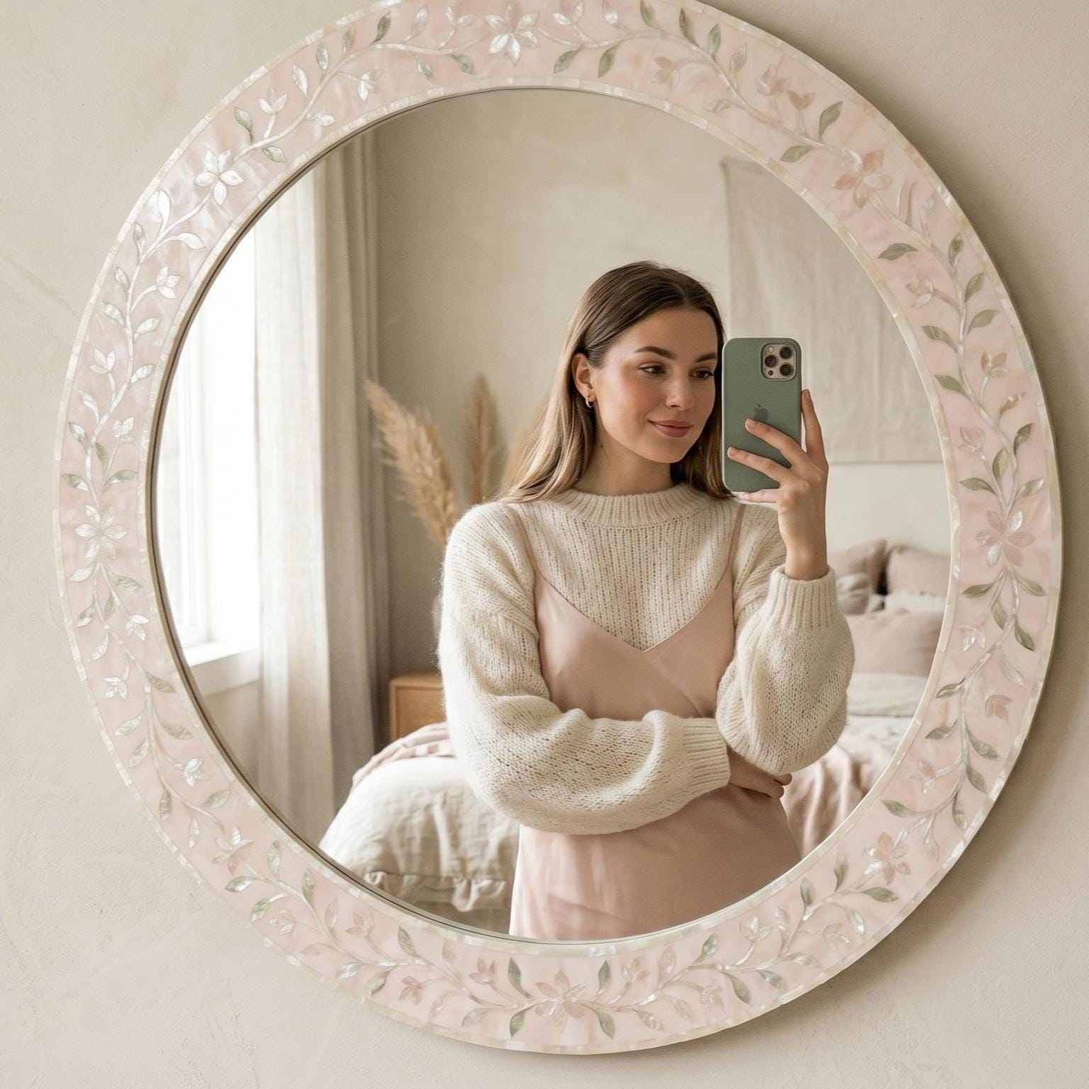 pearl inlay floral vine Blush Pink Round Mirror wall decor unique