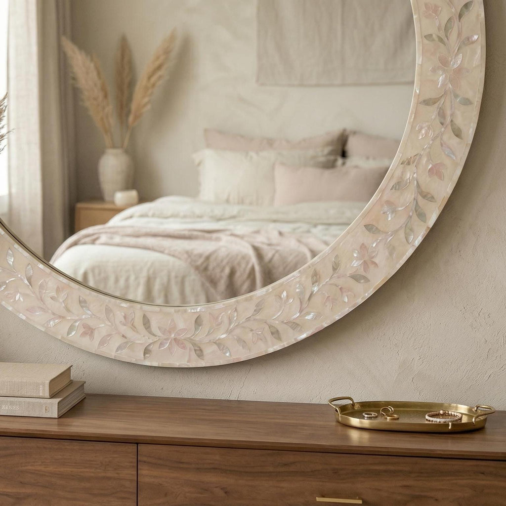 pearl inlay floral vine Blush Pink Round Mirror wall decor unique