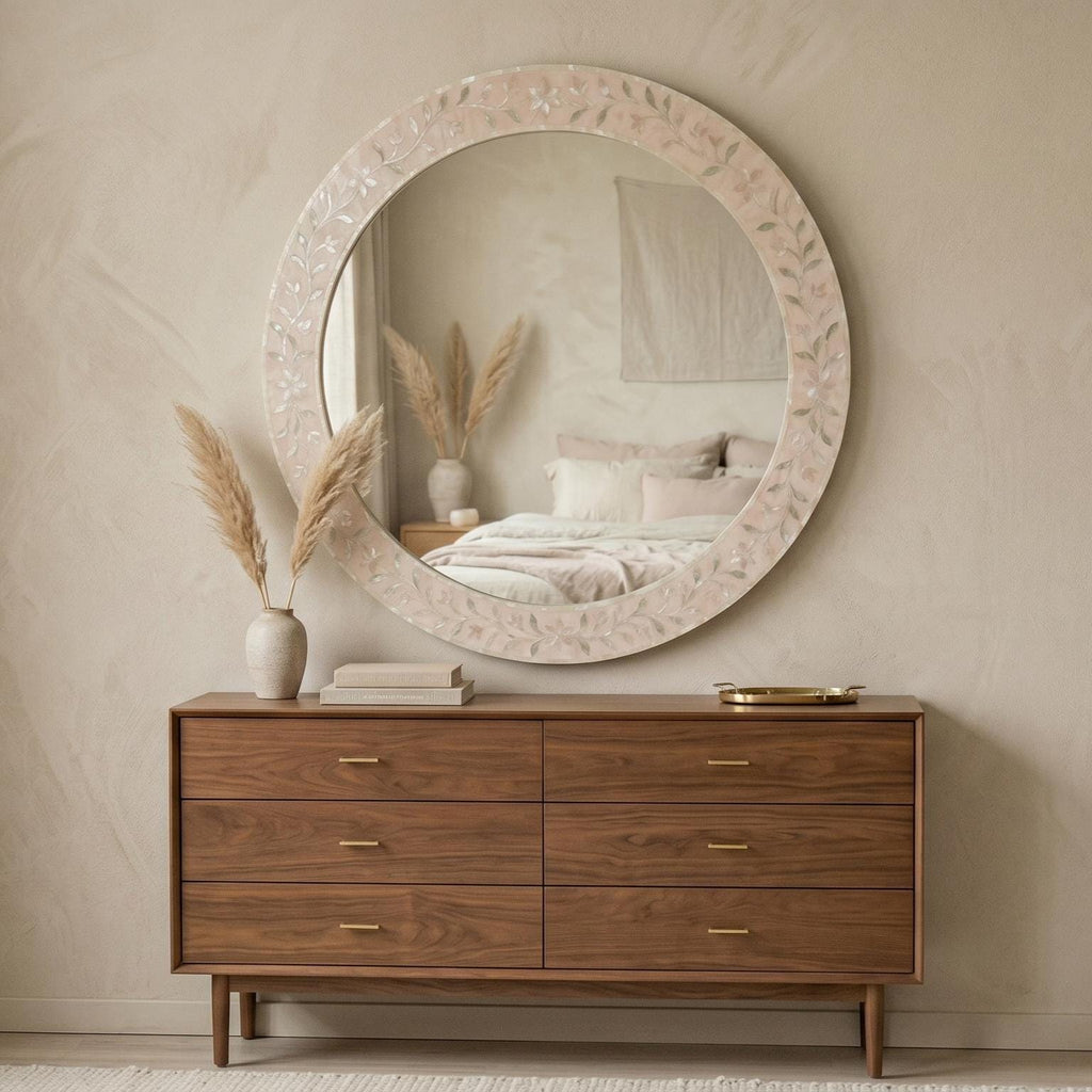 pearl inlay floral vine Blush Pink Round Mirror wall decor unique
