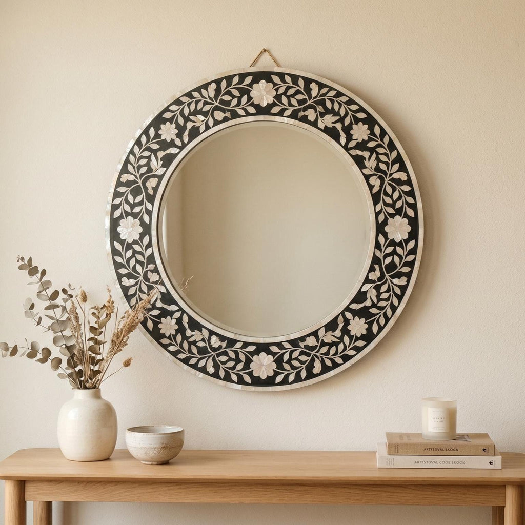 Mother of pearl Inlay Floral Round Mirror Black Wall Vanity Decor