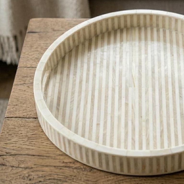 Round Serving Tray Bone Inlay Stripe Pattern Handmade vanity Decor