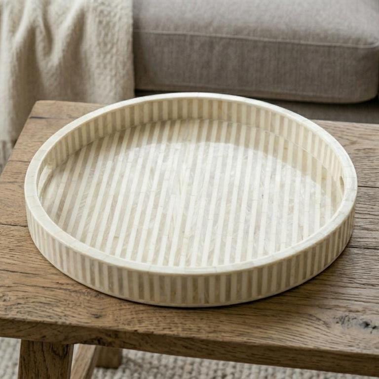 Round Serving Tray Bone Inlay Stripe Pattern Handmade vanity Decor