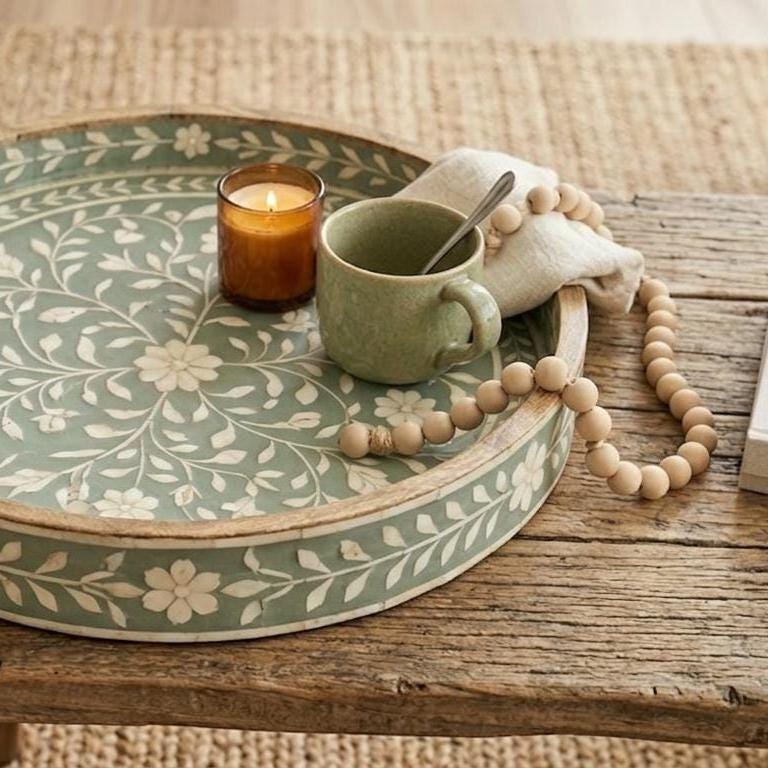 Sage Green Bone Inlay Round Tray Floral Vine Serving Tray vanity Decor