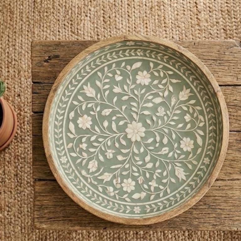 Sage Green Bone Inlay Round Tray Floral Vine Serving Tray vanity Decor