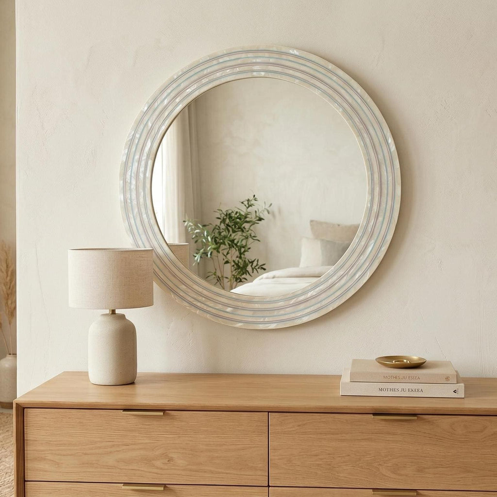 Round Mirror Mother of Pearl Inlay Handmade Wall Vanity Decor