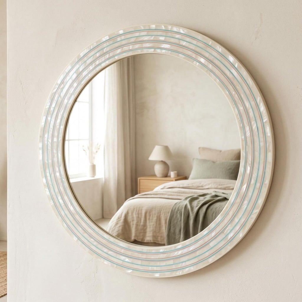 Round Mirror Mother of Pearl Inlay Handmade Wall Vanity Decor