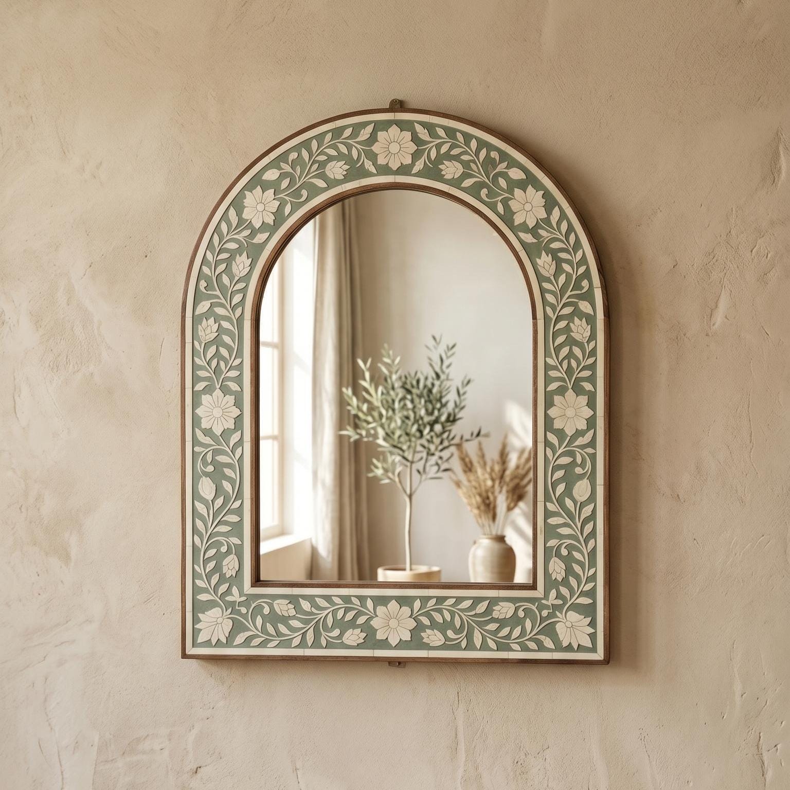Sage Green Floral Arch Mirror Bone Inlay Wall Decor