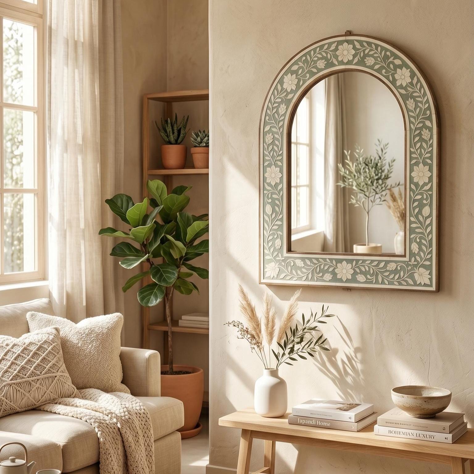 Sage Green Floral Arch Mirror Bone Inlay Wall Decor