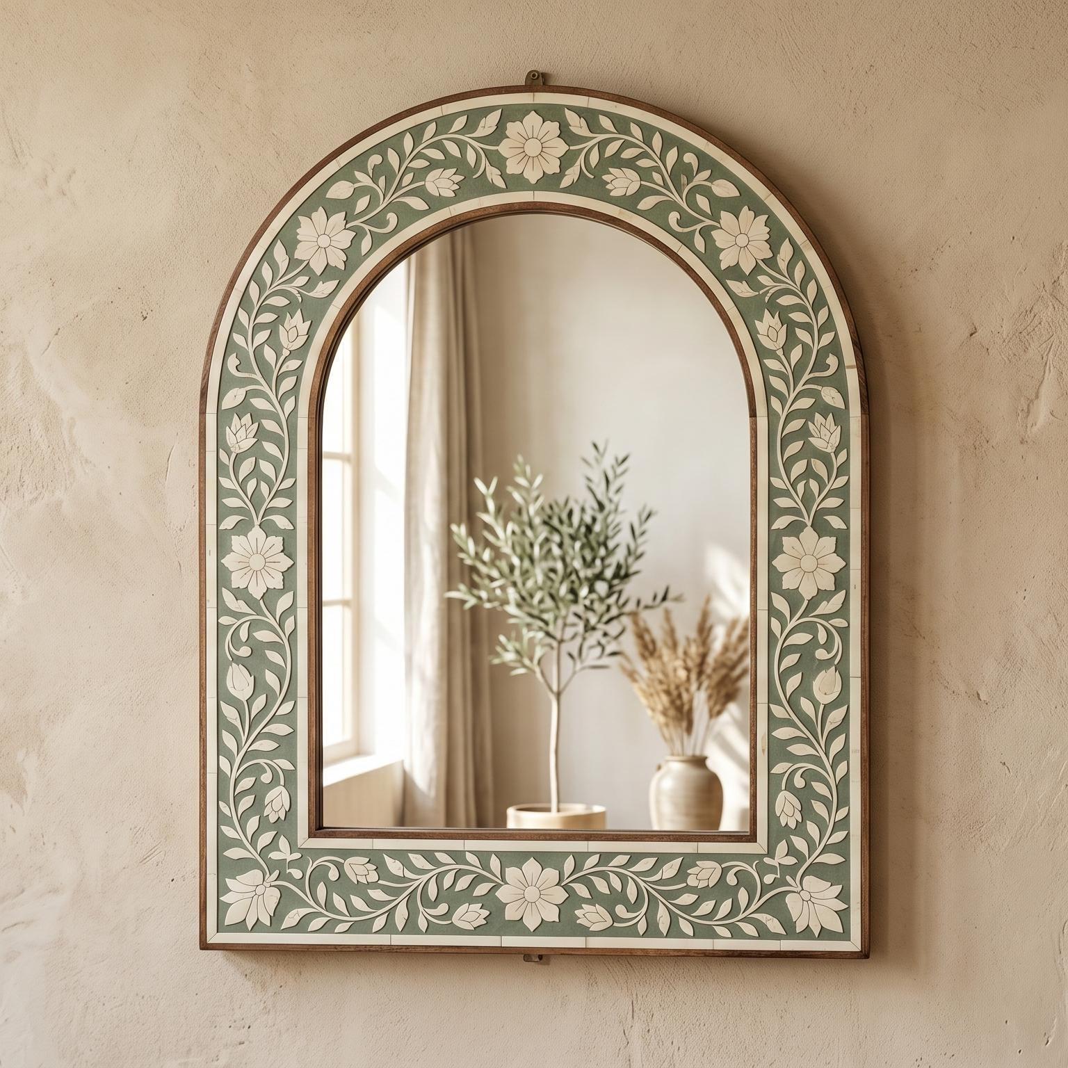 Sage Green Floral Arch Mirror Bone Inlay Wall Decor
