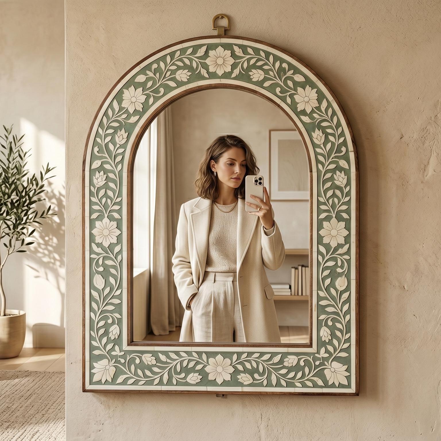 Sage Green Floral Arch Mirror Bone Inlay Wall Decor