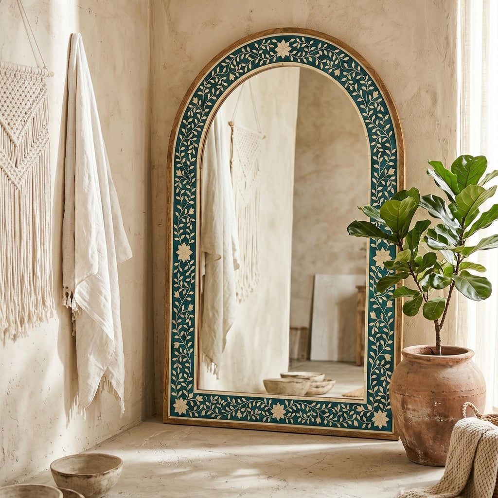 Turquoise Bone Inlay Arch Mirror Floral Wall Hanging Decor