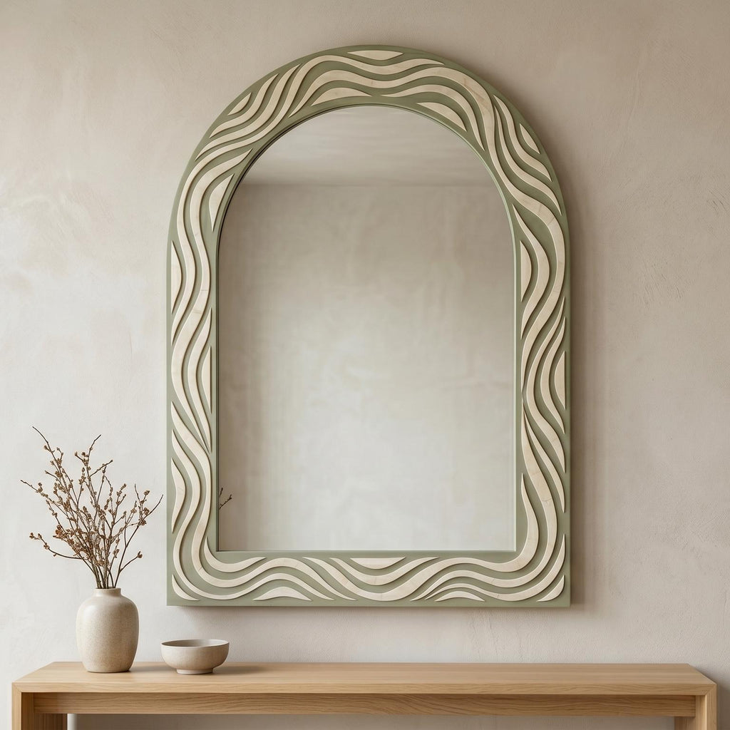 Bone Inlay Arch Mirror Melted Wave sage green Organic Wall Decor