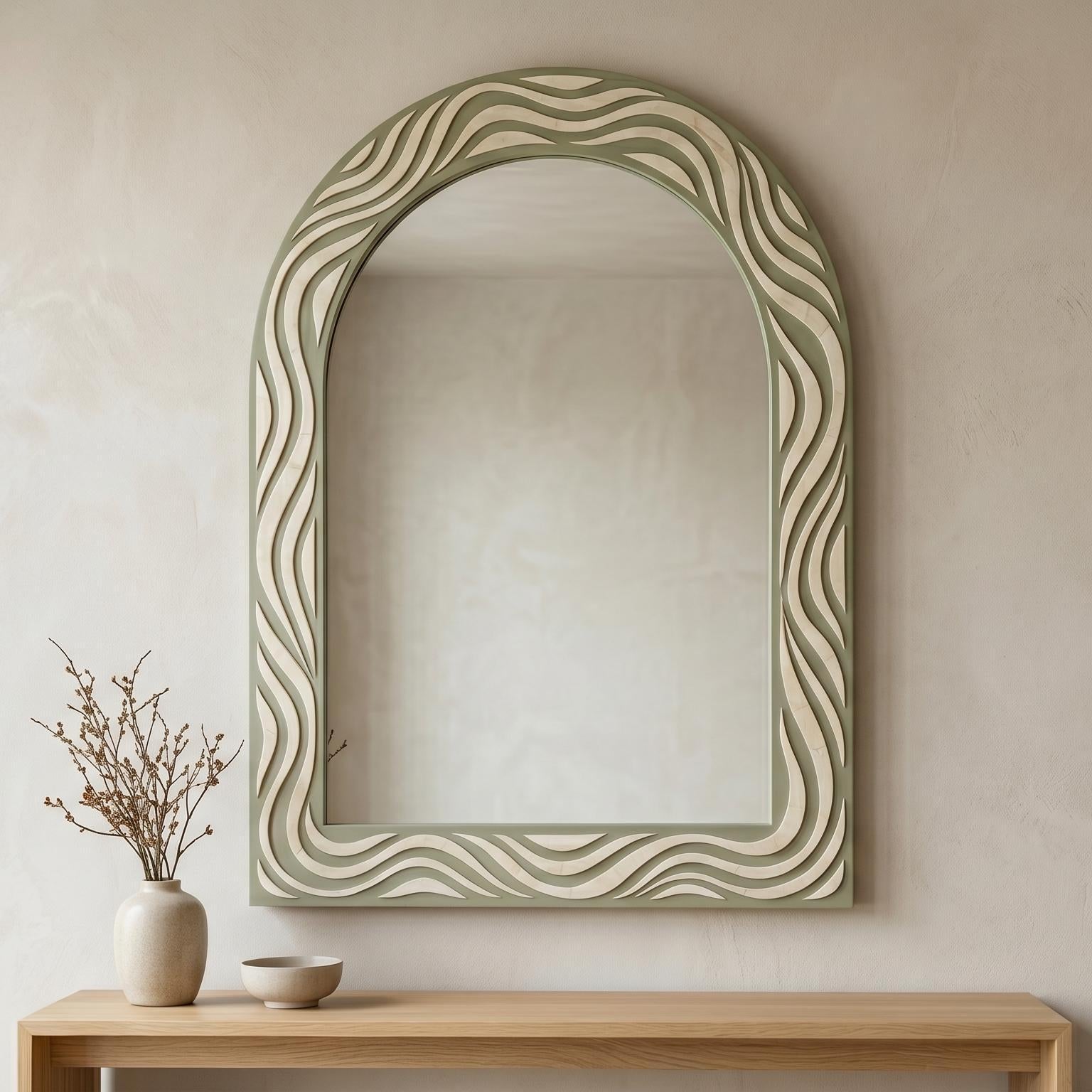 Bone Inlay Arch Mirror Melted Wave sage green Organic Wall Decor