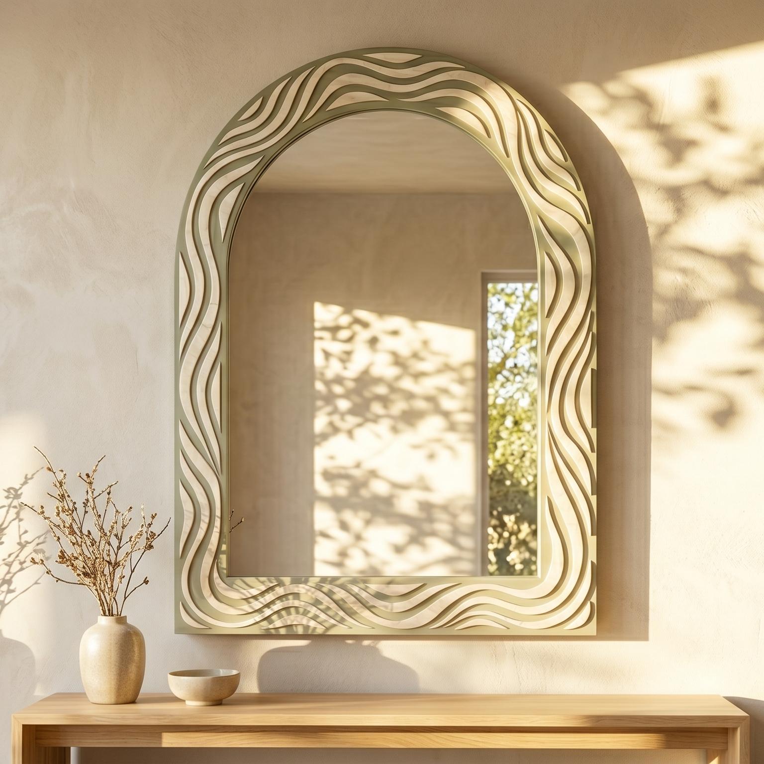 Bone Inlay Arch Mirror Melted Wave sage green Organic Wall Decor