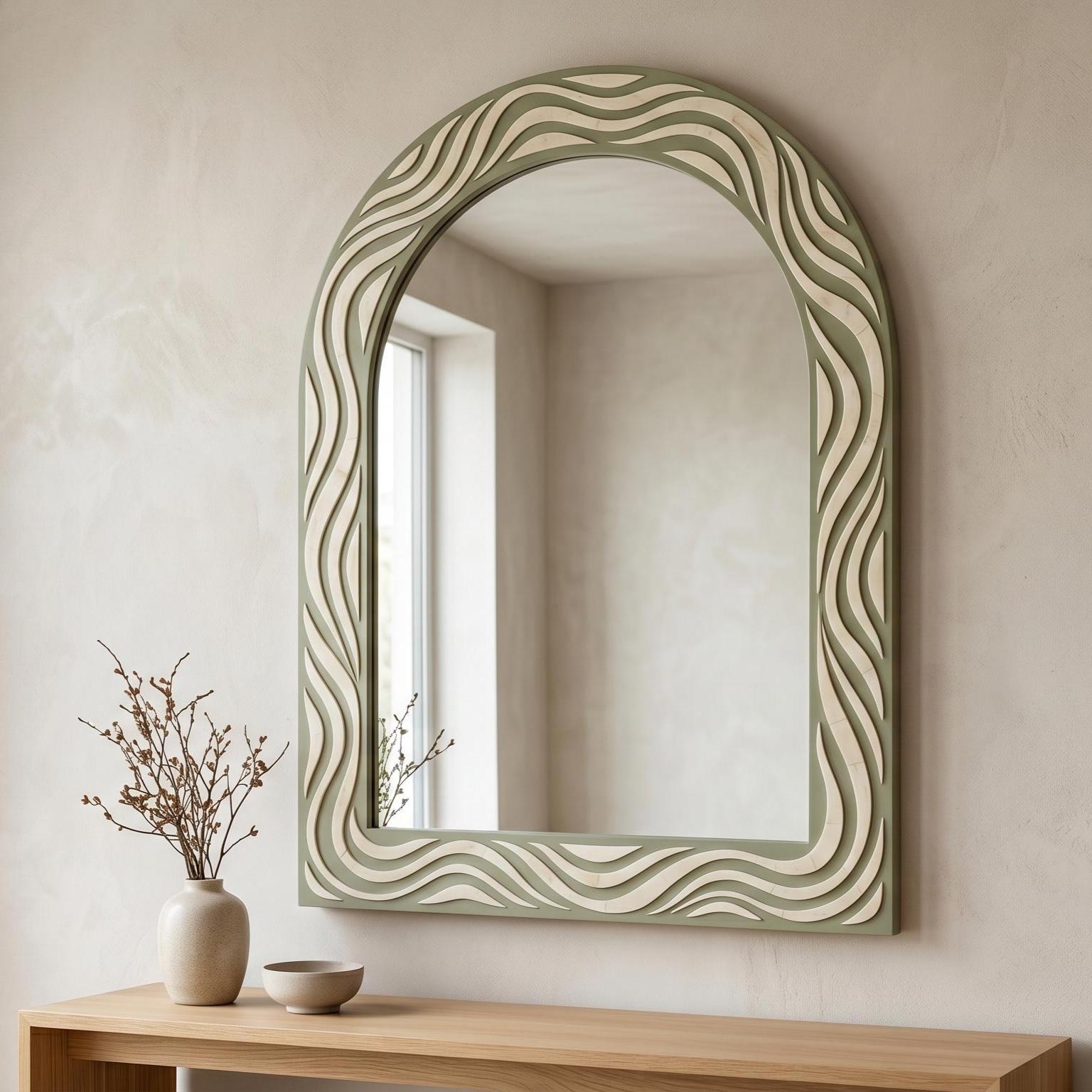 Bone Inlay Arch Mirror Melted Wave sage green Organic Wall Decor