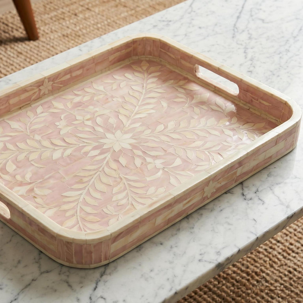 Blush Pink Floral Bone Inlay Tray Rounded Edge Serving & decorativeTray