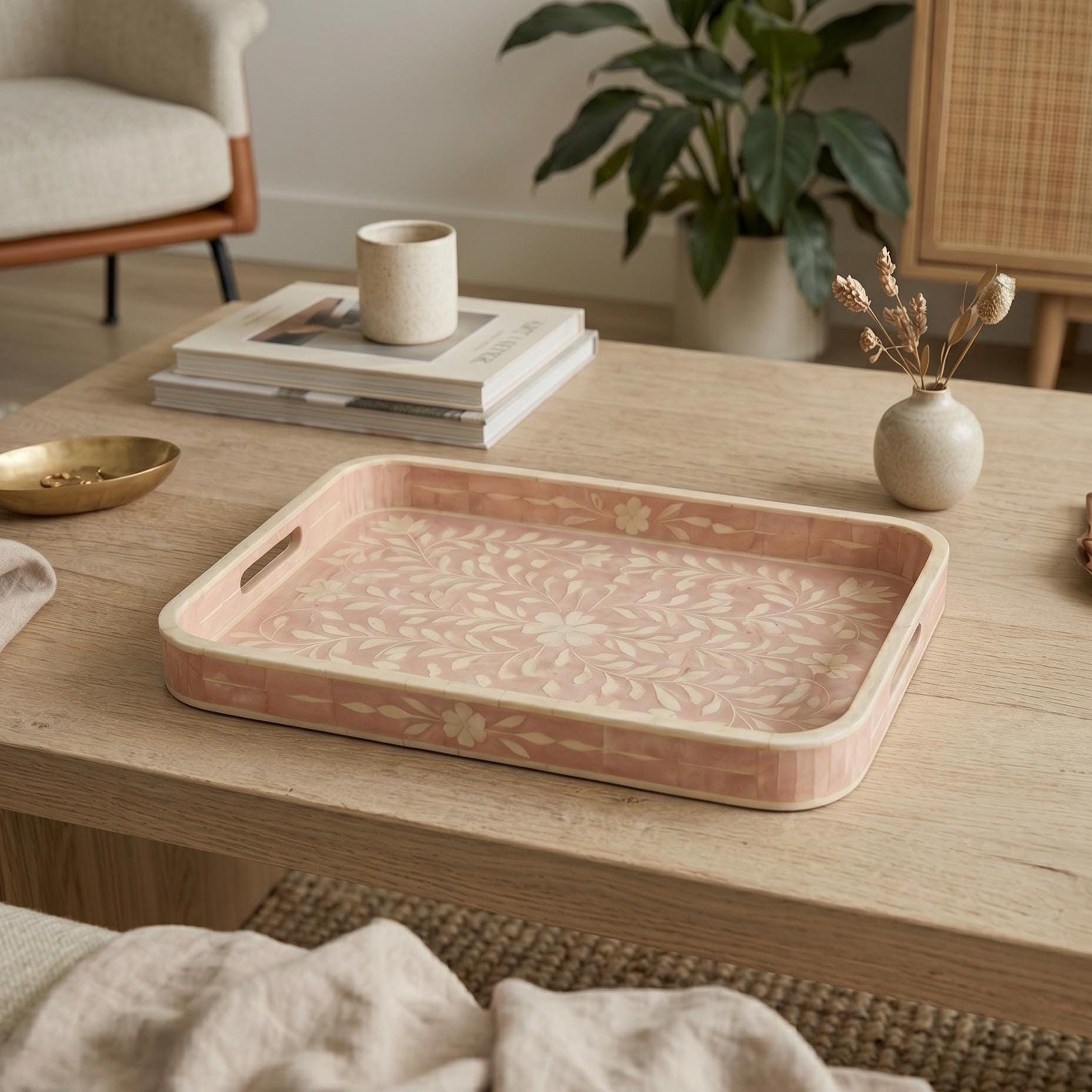 Blush Pink Floral Bone Inlay Tray Rounded Edge Serving & decorativeTray